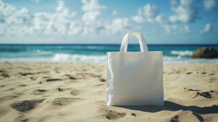 White cotton bag on sandy beach with ocean backdrop showcasing zero waste and eco-friendly concepts, ideal for artwork or text placement.