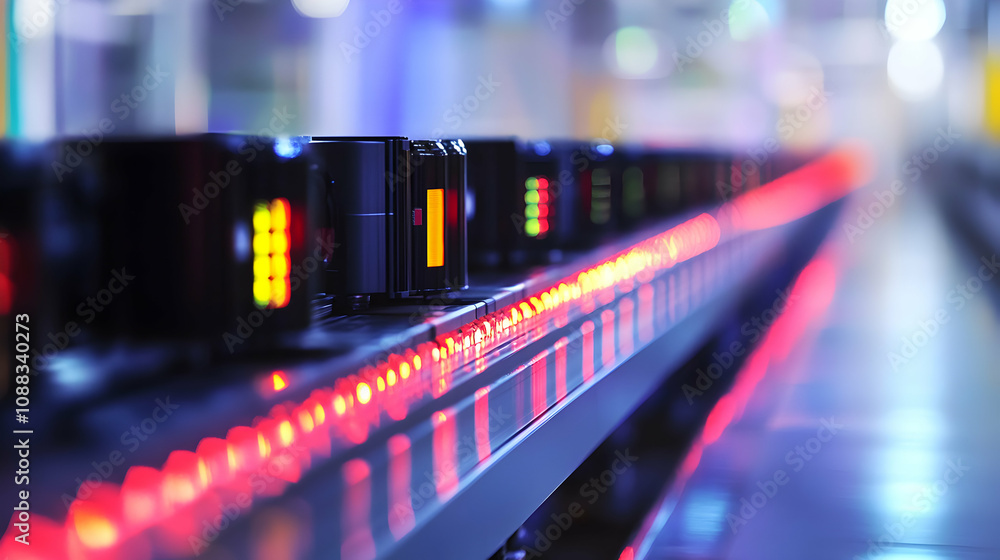 Poster abstract background: illuminated conveyance system transports cylindrical objects with glowing red l
