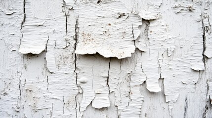 Fototapeta premium Textured surface of weathered white paint peeling from wood, revealing cracked and layered fibers beneath, showcasing natural wear and rustic charm.