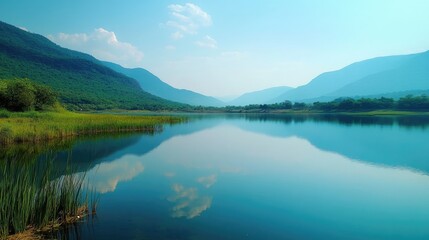 Fototapeta premium Serene lake reflecting a bright blue sky, surrounded by lush mountains and gentle hills, creating a peaceful natural landscape.
