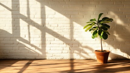 Wooden Flooring with Potted Plant Against White Brick Wall Highlighting Natural Light and Textured Shadows