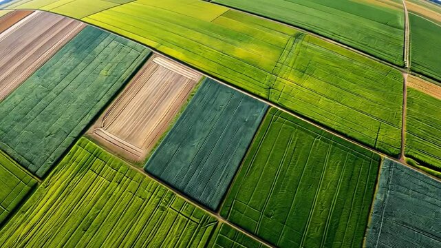 Aerial view of a colorful patchwork of agricultural fields in autumn