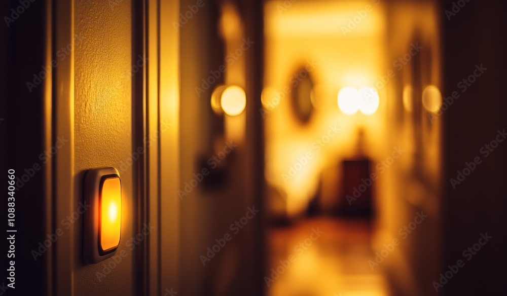 Poster a softly lit hallway with a glowing light switch, creating a warm, inviting atmosphere.