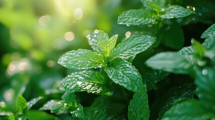 Fresh mint leaves glistening with dew in soft sunlight, showcasing peppermint's vibrant green color and healthy appearance, ideal for natural remedies.
