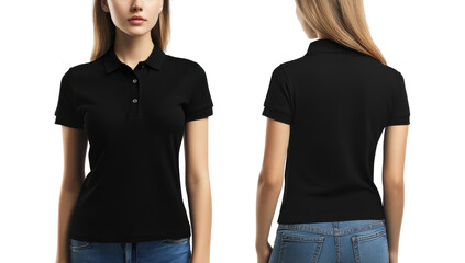 A woman is wearing a plain black polo shirt for the mockup. The background is transparent