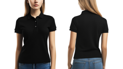A woman is wearing a plain black polo shirt for the mockup. The background is transparent