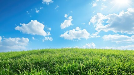 Lush green grassy slope stretching under a vibrant blue sky filled with fluffy white clouds and bright sunlight illuminating the landscape.