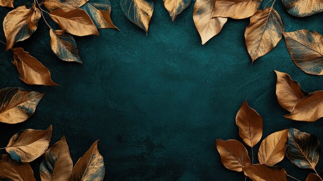 Elegant border design showcasing dried gold and teal blue leaves against a stylish dark green background, perfect for Thanksgiving and Harvest celebrations with space for personalized messages.