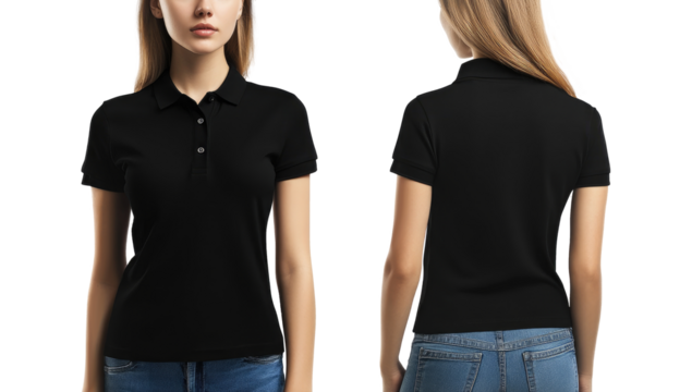 A woman is wearing a plain black polo shirt for the mockup. The background is transparent