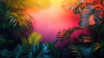 Vibrant tropical foliage featuring lush palm leaves against a striking gradient background with hues of pink, orange, and green.