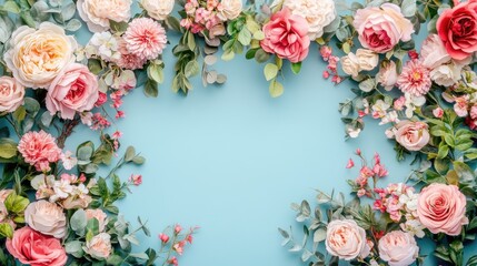 Floral wedding decoration featuring an elegant arrangement of assorted flowers in soft pinks and greens against a pastel blue background for a celebration.