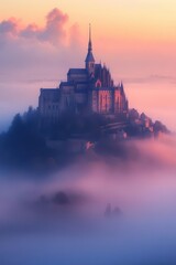 Naklejka premium Enchanting Castle Rising Above Mystical Morning Fog at Sunrise with Soft Pastel Colors and Dramatic Sky