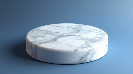 Round white marble podium with a smooth polished surface against a soft blue background, rendered with realistic texture and lighting.