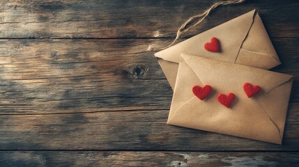 Romantic envelopes decorated with red heart accents resting on a rustic wooden table, perfect for heartfelt messages in a vintage style.