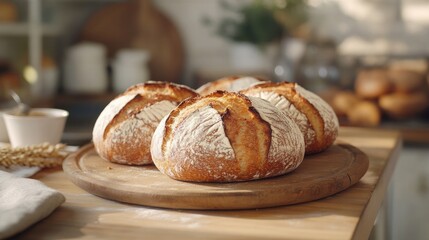 Artisan bread loaves on a wooden board, showcasing rustic baking with wheat, set in a cozy kitchen environment filled with natural light.