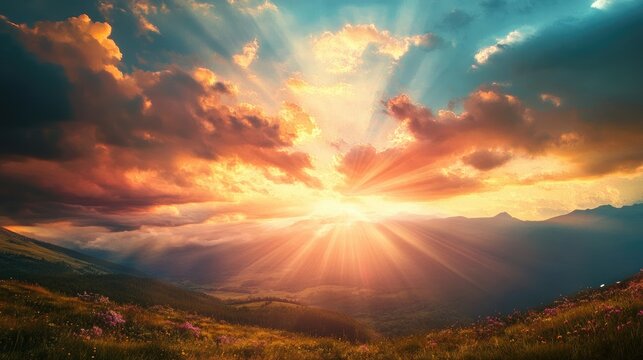 Majestic sunset casting vibrant light rays over rolling hills and a colorful sky filled with clouds, creating a serene and picturesque landscape.