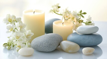 Relaxing spa essentials arrangement with smooth stones, soft candles, and delicate flowers on a light white surface for a tranquil ambiance.