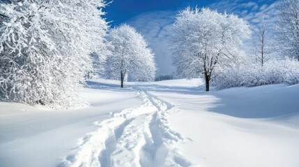 Obraz premium Pristine snowy landscape showcasing fresh snowfall, featuring delicate frost-covered trees and a winding path through the untouched white terrain.