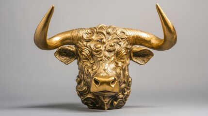 Golden bull head sculpture with intricate curls and prominent horns, representing majesty, power, and strength in a striking metallic finish.