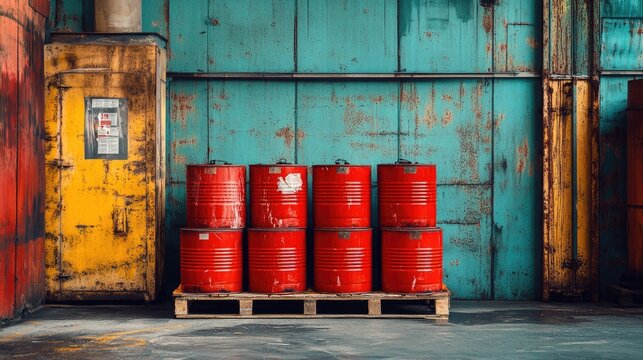 Red metal barrels filled with flammable liquid stacked on a wooden pallet against a colorful industrial storage backdrop.