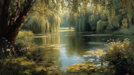 Fototapeta premium Serene Summer Landscape with Lush Greenery and Tranquil Pond Reflecting Sunlight in a Peaceful Natural Setting