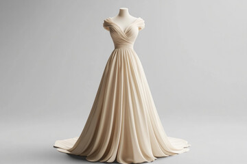 Elegant wedding dress with long train and V-neckline.