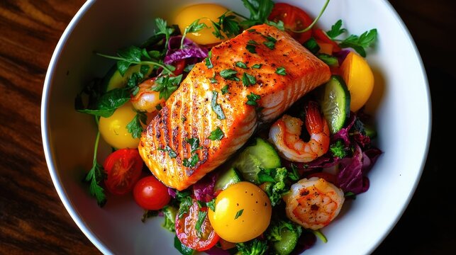 Colorful flexitarian Mediterranean bowl featuring grilled salmon, shrimp, and a vibrant mix of fresh vegetables packed with vitamins.