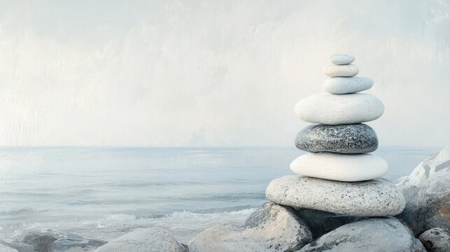 Fototapeta Stacked white pebbles on smooth stones with a calm sea in the background, creating a peaceful scene that embodies relaxation, balance, and tranquility.