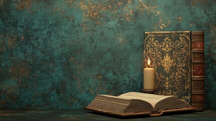 Antique book open on a table with a warm candle beside it, set against a textured dark teal background, creating a cozy, nostalgic atmosphere.