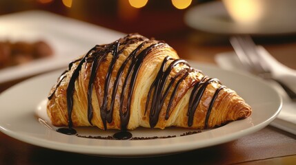 Chocolate-covered croissant on a white plate drizzled with rich chocolate, highlighting its flaky layers and decadent dessert appeal.