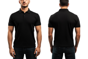 A man is wearing a plain black polo shirt for the mockup. The background is transparent