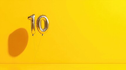 Silver foil balloon shaped like the number 10 floats against a bright yellow background, creating a cheerful and festive atmosphere.