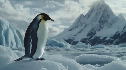 Obraz premium Emperor penguin standing majestically on ice with dramatic snowy peaks in the background, capturing the essence of Arctic wildlife and nature.