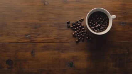 Fototapeta premium Close up view of a coffee cup filled with coffee and surrounded by scattered coffee beans on a rustic wooden tabletop with plenty of negative space.