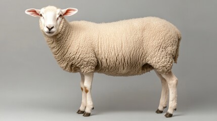 Obraz premium Young white sheep standing upright, looking directly at the camera against a neutral background, representing themes of Eid ul Adha.