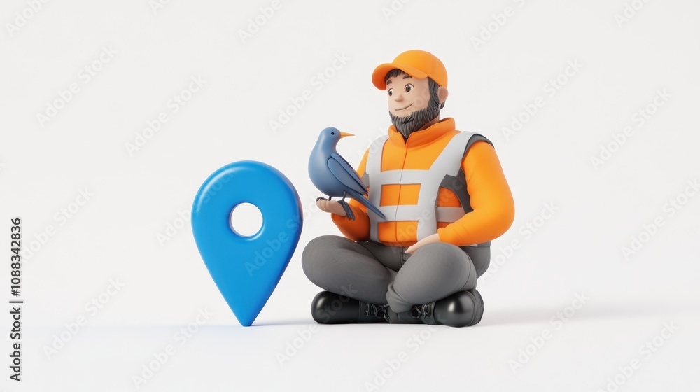 Poster a cartoon figure in work attire holds a bird next to a blue location pin.