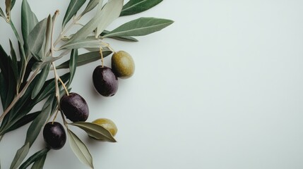 Close-up of dark and green olives on an olive branch with lush leaves against a soft, light background, showcasing their natural textures and colors.