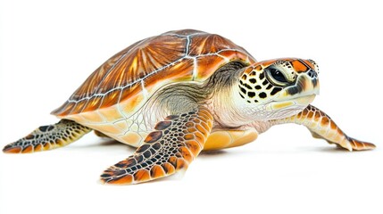 Turtle displaying intricate shell patterns and natural features, set against a clean white background, emphasizing its wildlife characteristics