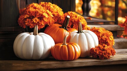 Bright orange and white pumpkins paired with vibrant orange mums showcase the cozy essence of fall on rustic wooden porch steps.