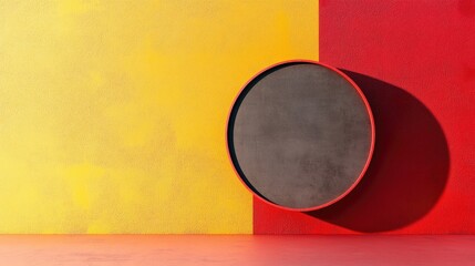 Geometric circular object in dark gray with a bold red outline, positioned against a vibrant yellow and red wall, creating a striking contrast and open space for background use.
