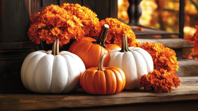 Bright orange and white pumpkins paired with vibrant orange mums showcase the cozy essence of fall on rustic wooden porch steps.