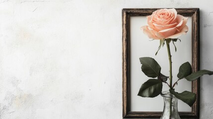 Elegant picture frame mockup with a pink rose in a vase, set against a minimalist white background for creative designs and text placement.
