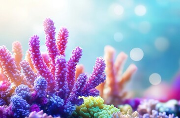 Vibrant coral reef with colorful corals and soft lighting underwater.