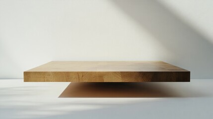 Minimalist wooden tabletop with a smooth finish, elegantly suspended against a bright white background, casting soft shadows.