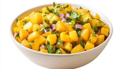 A bowl of tangy mango salsa with diced mango, red onion, cilantro