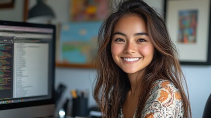 a smiling ethnically ambiguous female website coder, wearing business casual clothing, working at a desktop computer, with coding on the screen, in a home office with minimal clutter