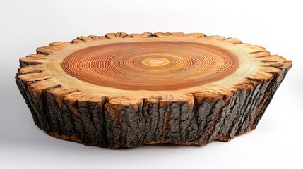 Cross-section of a tree stump sliced into rings, displaying intricate growth patterns against a simple background, highlighting natural wood textures.