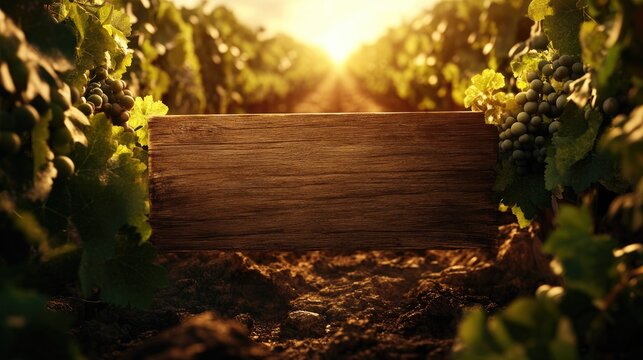 Close-up of a rustic blank wooden sign nestled under lush grapevines in a sunlit vineyard, with green grapes and earth visible around.