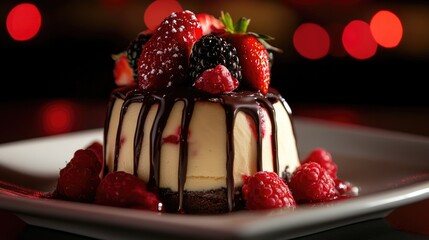 Decadent dessert with velvety chocolate drizzle, topped with an assortment of fresh strawberries, raspberries, and blackberries on a textured plate.