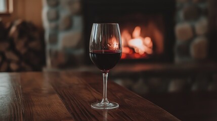 Red wine glass on a wooden table with a cozy fireplace glowing warmly in the background, creating an inviting atmosphere.